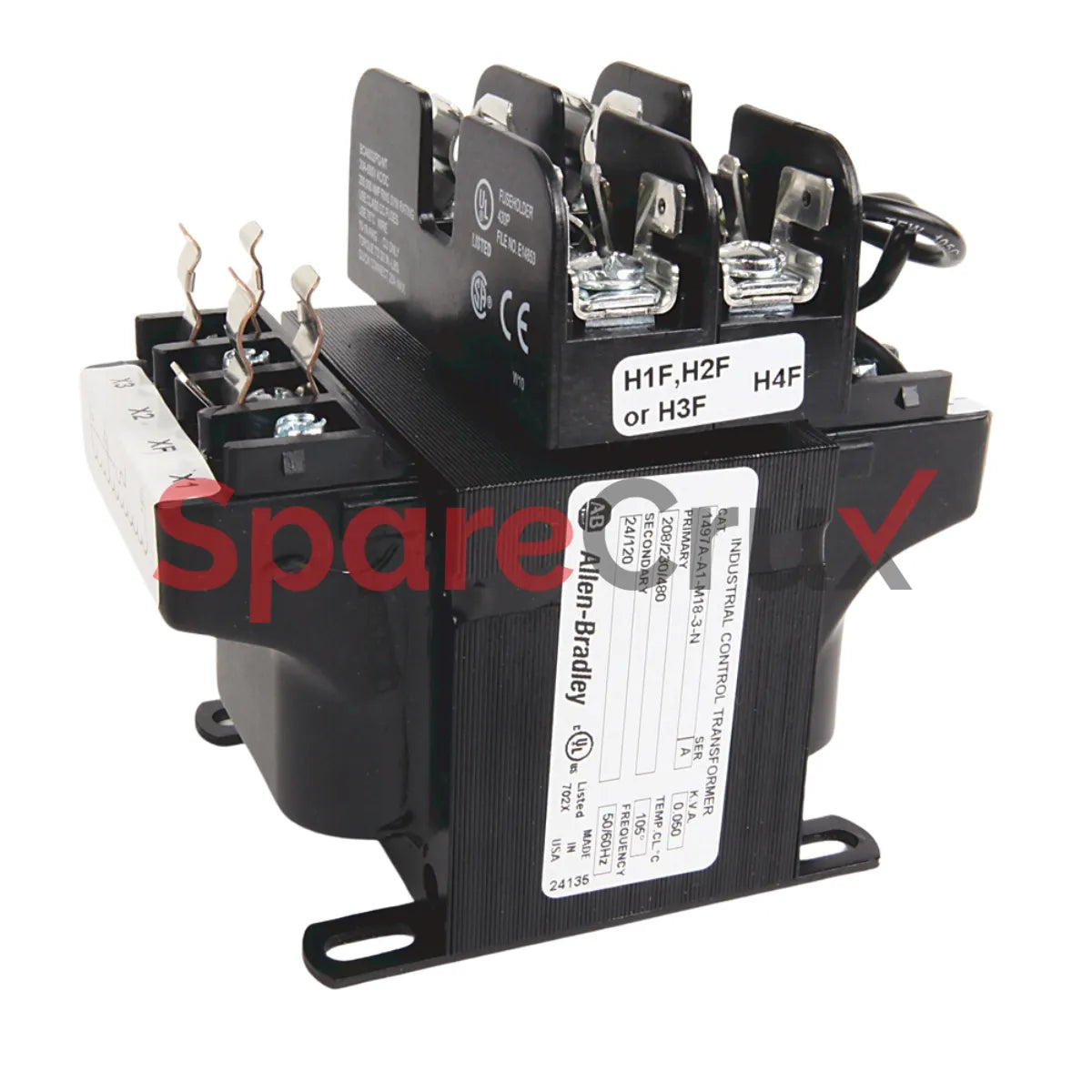 1497A-A1-M18-3-N | ALLEN BRADLEY | Transformateur pour machine-outil, 63 VA, primaire 240/480 V 60 Hz, secondaire 24 V 60 Hz, 2 blocs-fusibles primaires et 1 bloc-fusible secondaire, sans couvercle ni fusible secondaire