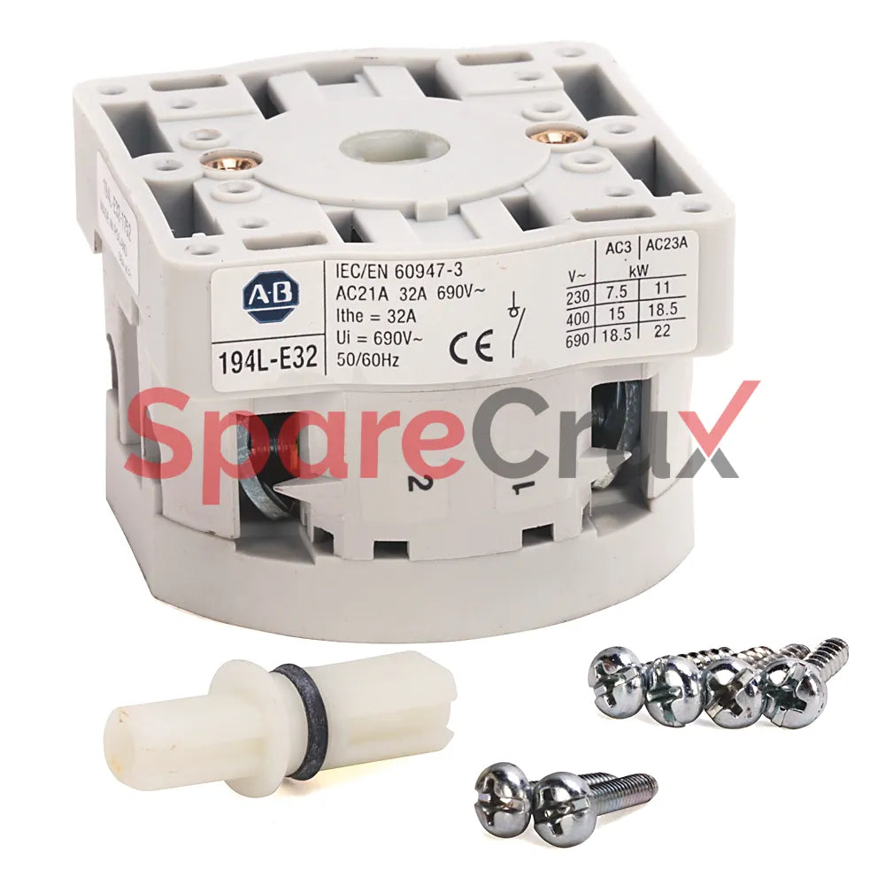 194L-E32-3253 | ALLEN BRADLEY | IEC Control and Load Switch, 32 A, 3-Pole, Reversing 1-0-2 45°, Front/Door Mount