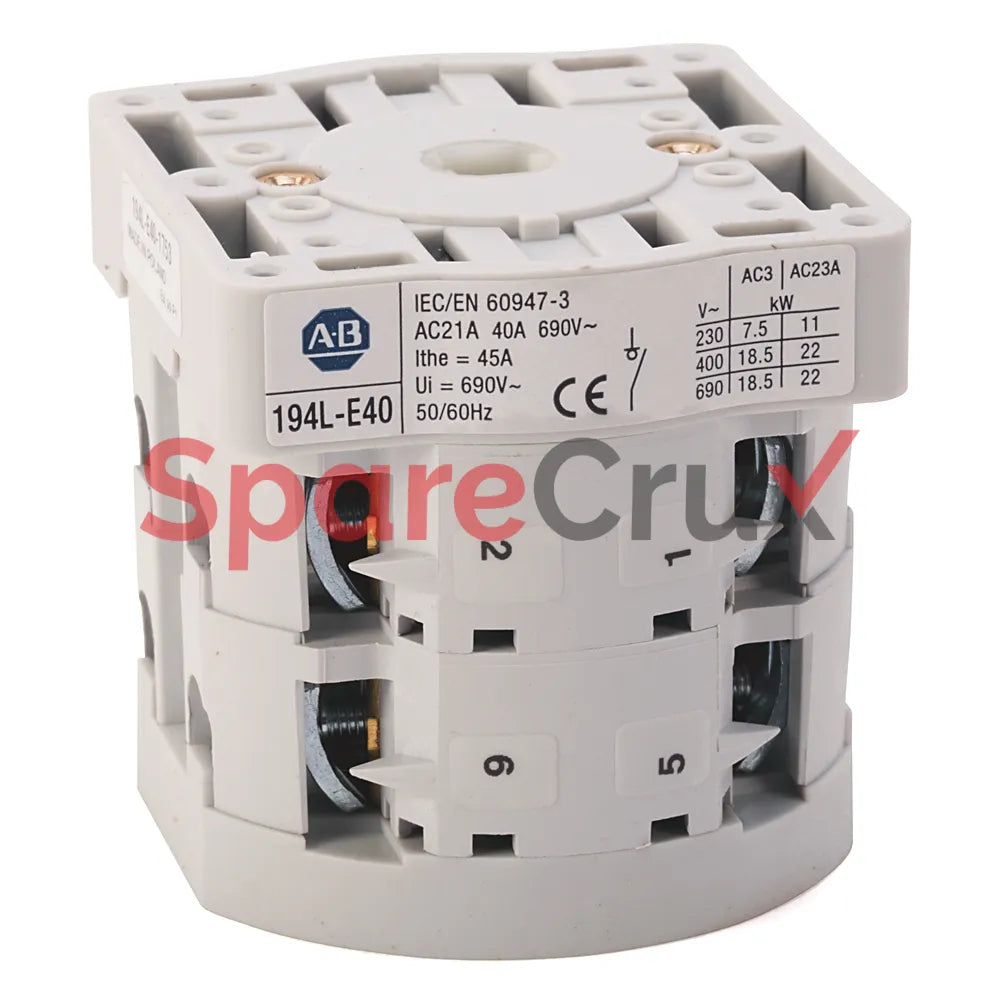 194L-E40-3253 | ALLEN BRADLEY | IEC Control and Load Switch, 40 A, 3-Pole, Reversing 1-0-2 45°, Front/Door Mount