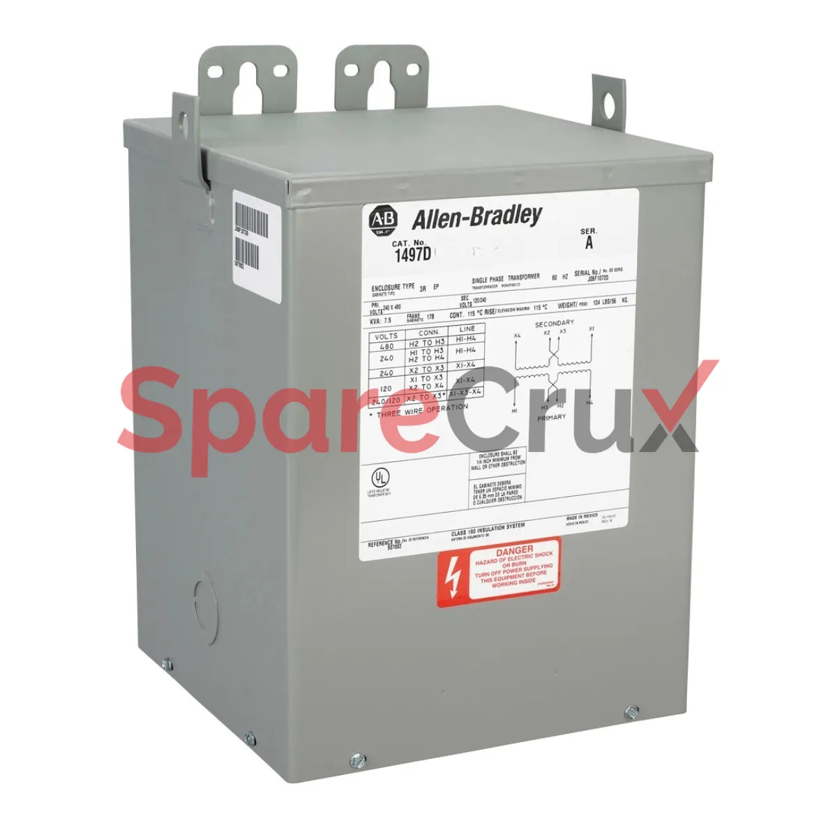1497D-A17-M21-0-2 | ALLEN BRADLEY | General Purpose Transformer, 10.0 kVA, Primary Voltage: 480V (60Hz), Secondary Voltage: 120/240V, No Fuse Blocks, (2) 5% FCBN Taps