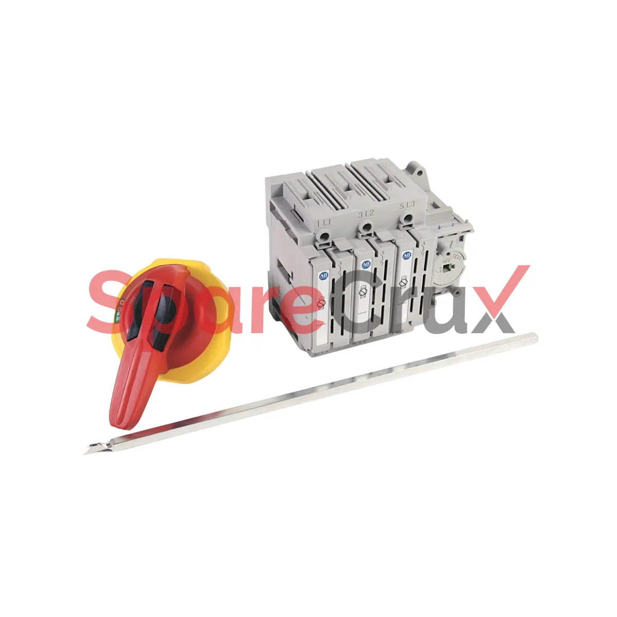194R-N30-1753-TYS1 | ALLEN BRADLEY | Non-Fused 194R Disconnect Switch, 30A, 3-Pole, Open, Red/Yellow Pistol Handle, 12" Shaft, Test Mode