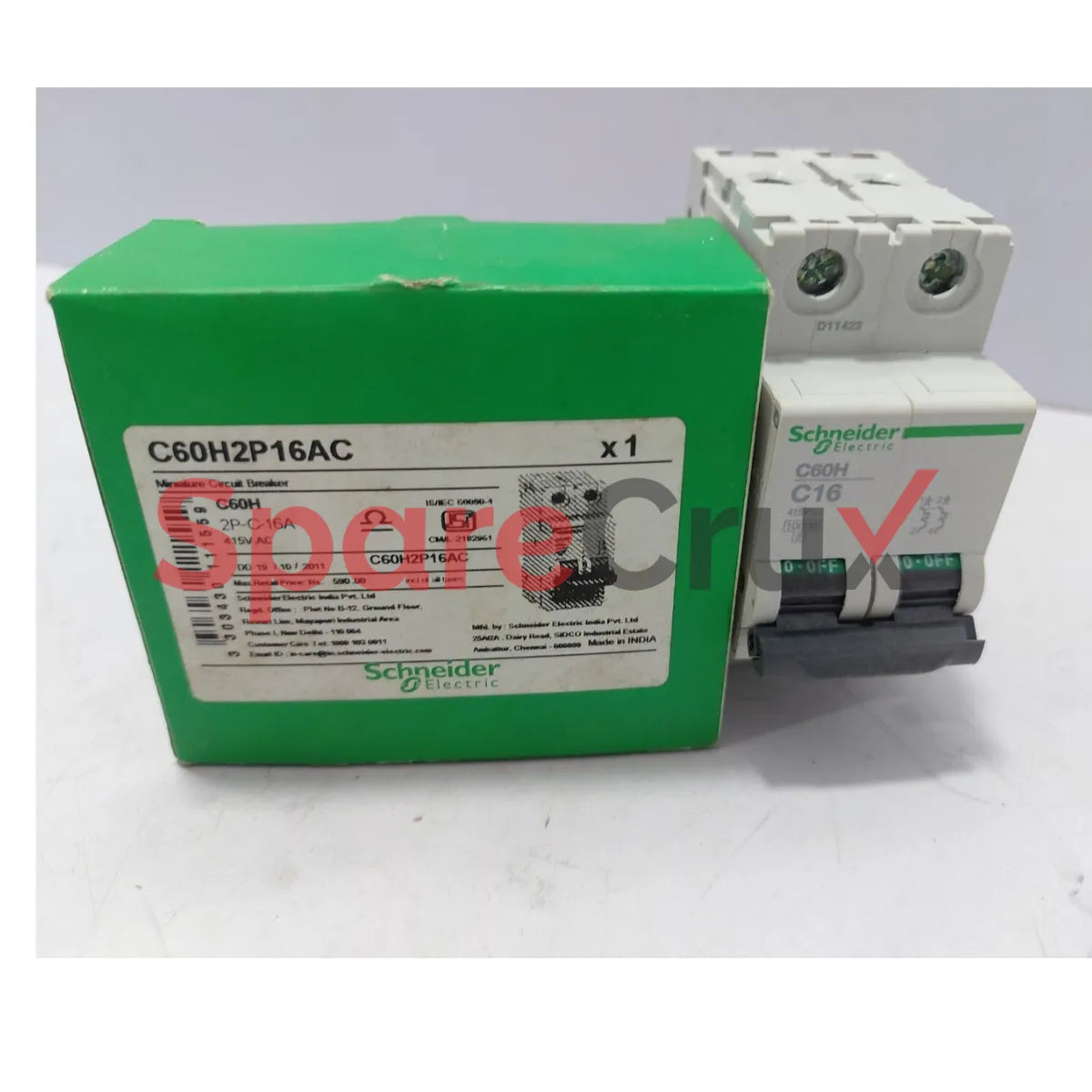 C60H2P16AC | SCHNEIDER ELECTRIC | Acti 9 C60H 2‑Pole Miniature Circuit Breaker, 16 A, C‑Curve, AC 415 VAC
